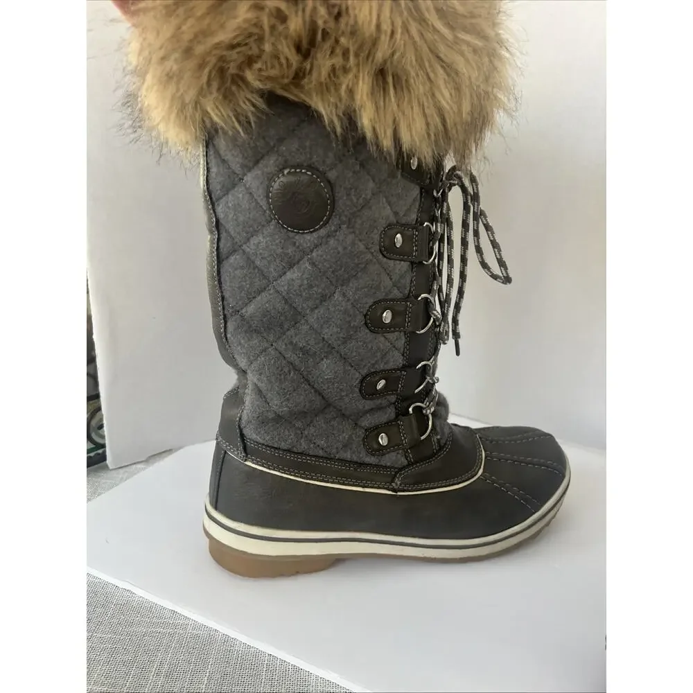 Global Win Women 9.5 Grey Lace-Up Quilted Faux Lambswool Lined Boot W1707-2